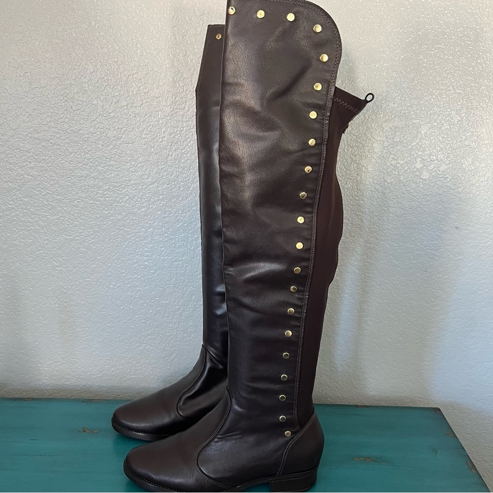 Elegant Brown Over the Knee Boots with Gold Studs